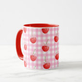 Roze Witte Gingham Mok Schattigee Aardbei Print (Voorkant links)