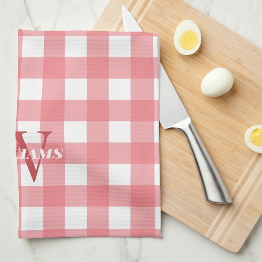 Roze witte gingham naam & Initiaal Theedoek (Quarter Fold)