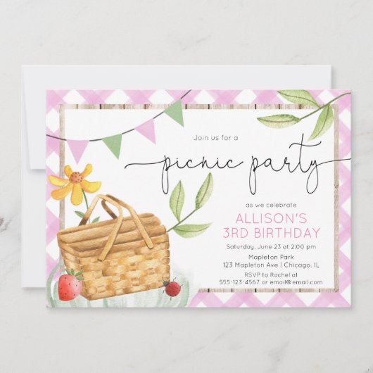 Roze witte gingham Picnic Party verjaardagsfeest Kaart (Voorkant)