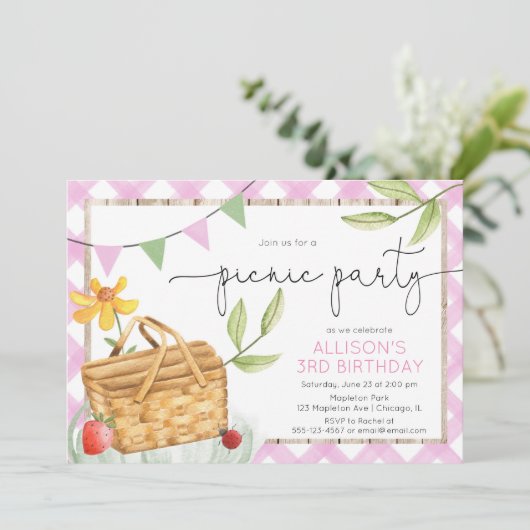 Roze witte gingham Picnic Party verjaardagsfeest Kaart (Staand voorkant)
