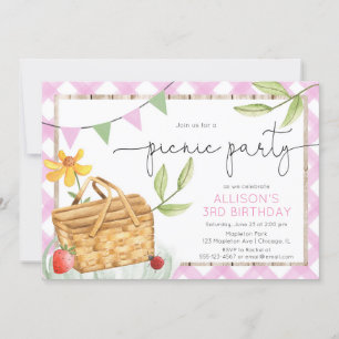 Roze witte gingham Picnic Party verjaardagsfeest Kaart