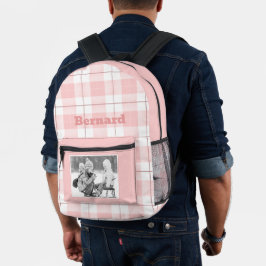 Roze Witte Gingham Plaid Patroon Naam en Foto Bedrukte Rugzak