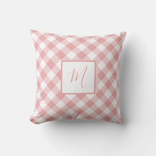 Roze witte Gingham Pset Modern Chic Monogram Kussen (Voorkant)