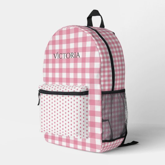 Roze Witte Gingham Stippen Persoonlijk Bedrukte Rugzak (Achterkant Hoek Rechts)