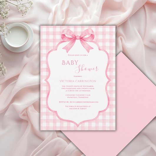 Roze Witte Gingham Whimsische Baby Shower Kaart