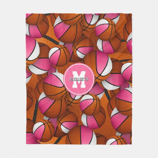 Roze Witte Girly basketballen monogram Fleece Deken (Voorkant)