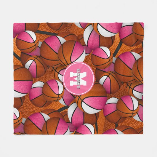 Roze Witte Girly basketballen monogram Fleece Deken (Voorkant (Horizontaal))