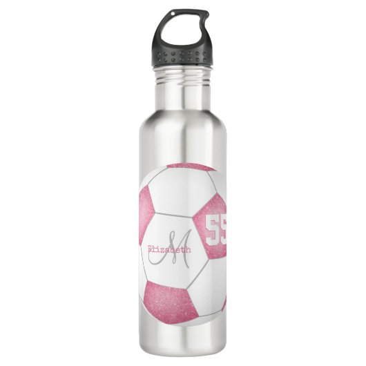 Roze Witte Girly Voetbal Naam Jersey Nummer Waterfles (Voorkant)