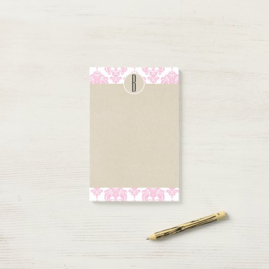 Roze witte glam Damask Kraft Monogram Initiaal Post-it® Notes (Op bureau)