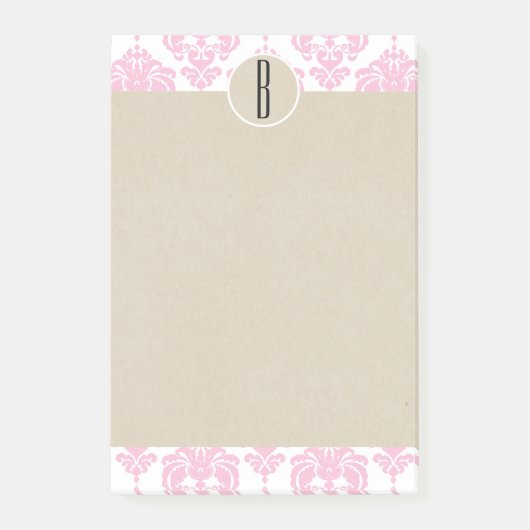 Roze witte glam Damask Kraft Monogram Initiaal Post-it® Notes (Voorkant)