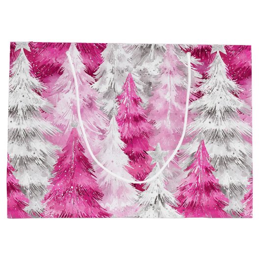 Roze witte glans kerstbomen groot cadeauzakje (Achterkant)
