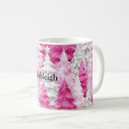 Roze witte glans kerstbomen koffiemok (Voorkant rechts)