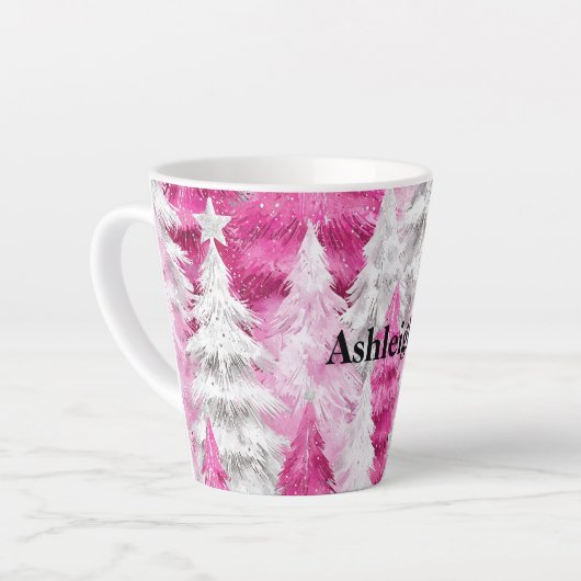 Roze witte glans kerstbomen latte mok (Linkerhoek)