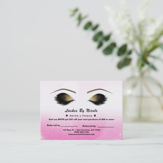Roze Witte Glitter Lashes Verwijs Vriend Nazorg Aanbevelingskaartje (Staand voorkant)