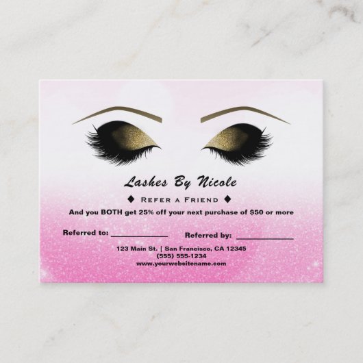 Roze Witte Glitter Lashes Verwijs Vriend Nazorg Aanbevelingskaartje (Voorkant)