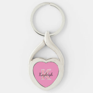Roze Witte Glitter letter K Sleutelhanger