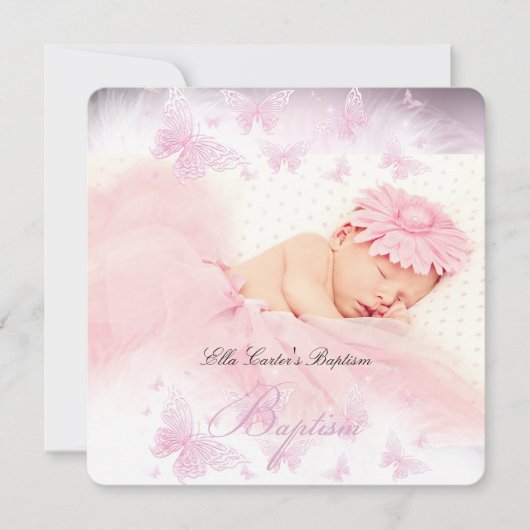 Roze Witte Glitter Vlinder Doop Kaart (Voorkant)
