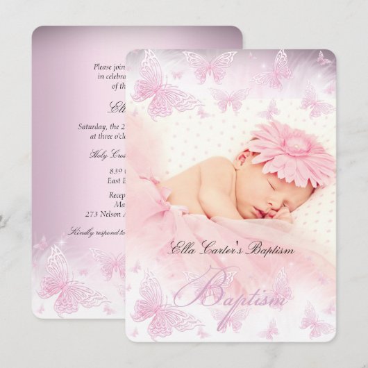 Roze Witte Glitter Vlinder Doop Kaart (Voorkant / Achterkant)