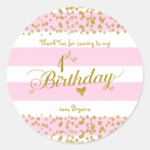 Roze Witte & Gouden 1e VERJAARDAG Feest Meisje Sti Ronde Sticker
