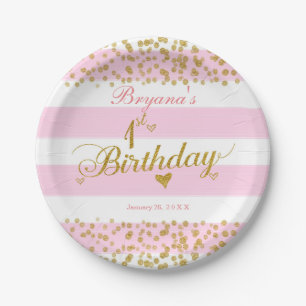 Roze Witte & Gouden 1e VERJAARDAGSfeest Papieren B Bordje