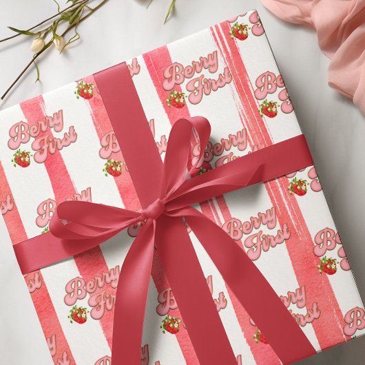 Roze Witte Gouden Berry Eerste Verjaardag Aardbei Cadeaupapier