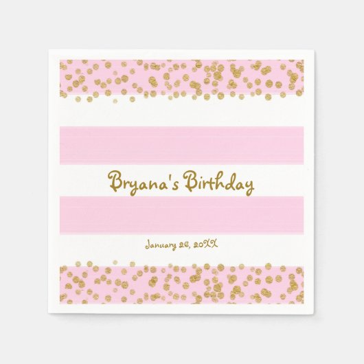 Roze Witte & Gouden Confetti VERJAARDAG Feestserve Servetten (Voorkant)