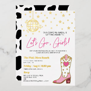 Roze Witte Gouden Cowgirl Disco Bachelorette Folie Uitnodiging
