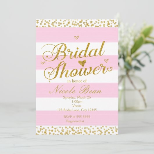 Roze Witte & Gouden Harten BRUIDSSLUIER Uitnodigin Kaart (Staand voorkant)