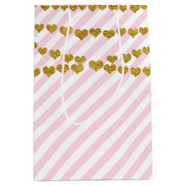 Roze & witte gouden harten verjaardagsfeest cadeau medium cadeauzakje