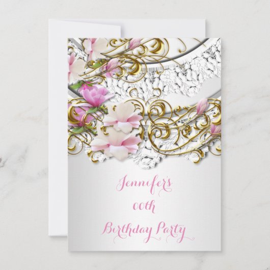 -roze witte goudpaling Floral-Birthday Party Kaart (Voorkant)