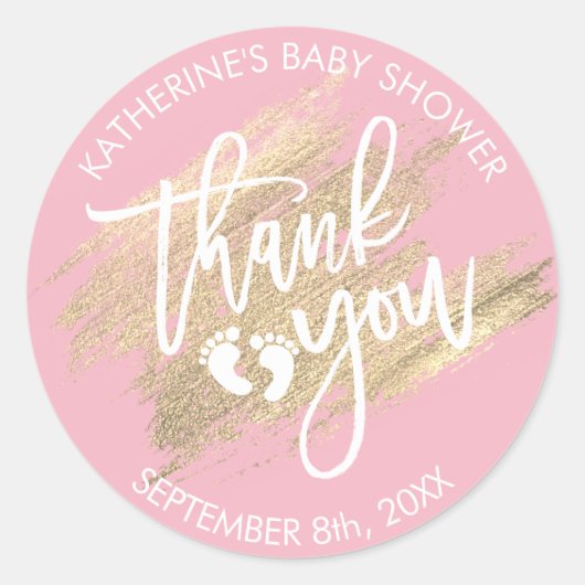 Roze witte goudpenseelstreek Baby shower Ronde Sticker (Voorkant)