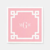 Roze witte Griekse sleutel #2 omhuld 3 Init monogr Servetten (Voorkant)