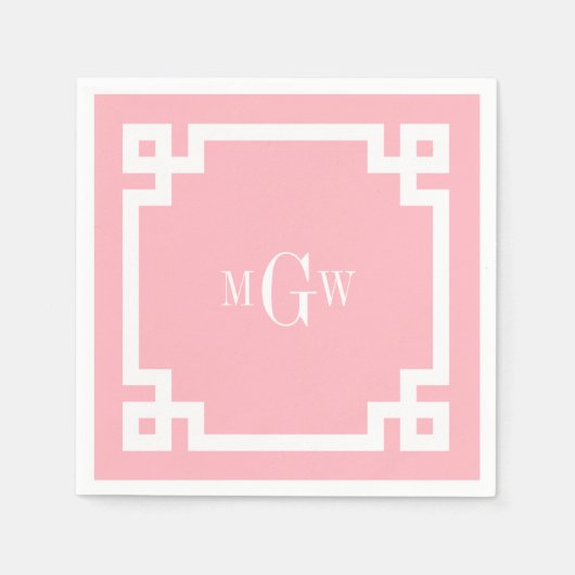 Roze witte Griekse sleutel #2 omhuld 3 Init monogr Servetten (Voorkant)