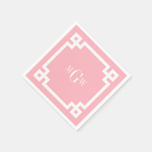 Roze witte Griekse sleutel #2 omhuld 3 Init monogr Servetten (Hoek)