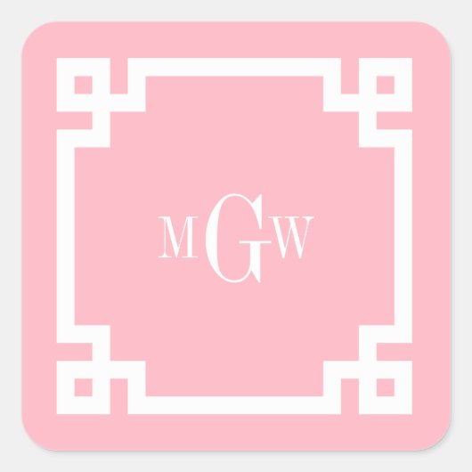 Roze witte Griekse sleutel #2 omhuld 3 Init monogr Vierkante Sticker (Voorkant)