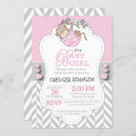 Roze, witte grijze aap Baby shower Kaart