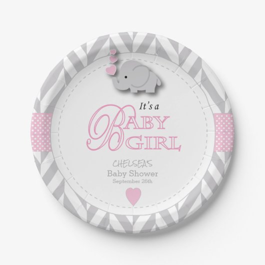 Roze, witte grijze Baby shower Papieren Bordje (Voorkant)