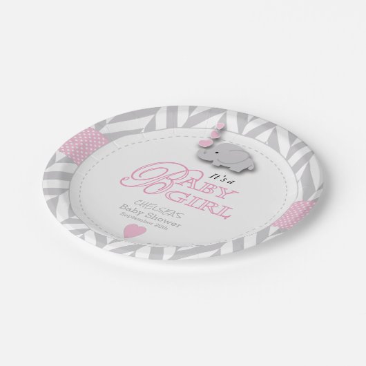 Roze, witte grijze Baby shower Papieren Bordje (Gekanteld)