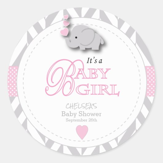 Roze, witte grijze Baby shower Ronde Sticker (Voorkant)