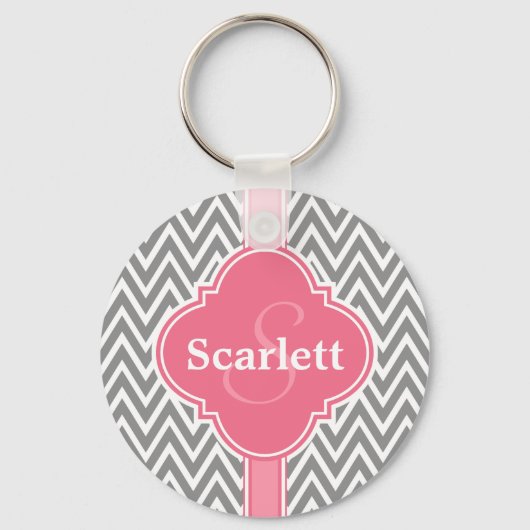 Roze witte grijze Chevron Pattern en Monogram Sleutelhanger (Voorkant)