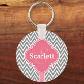 Roze witte grijze Chevron Pattern en Monogram Sleutelhanger (Voorkant)