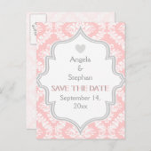 Roze, witte, grijze damast bruiloft Save the Date Aankondigingskaart (Voorkant / Achterkant)