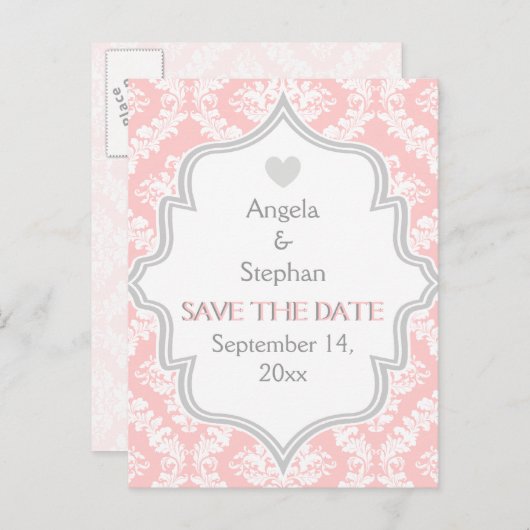Roze, witte, grijze damast bruiloft Save the Date Aankondigingskaart (Voorkant / Achterkant)