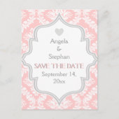 Roze, witte, grijze damast bruiloft Save the Date Aankondigingskaart (Voorkant)