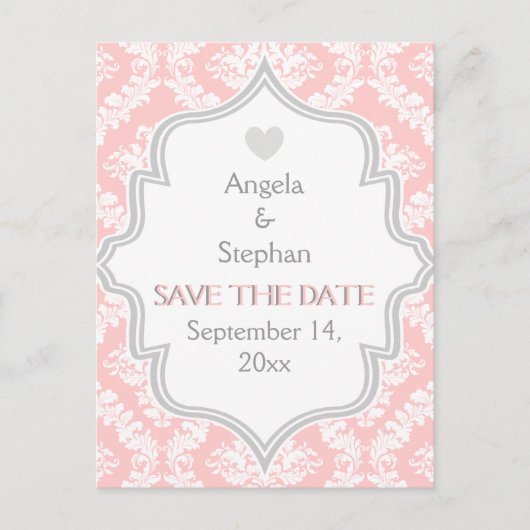 Roze, witte, grijze damast bruiloft Save the Date Aankondigingskaart (Voorkant)