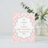 Roze, witte, grijze damast bruiloft Save the Date Aankondigingskaart (Staand voorkant)