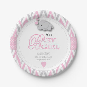 Roze, witte grijze olifant Baby shower 2 Papieren Bordje