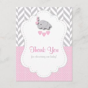Roze, Witte Grijze Olifant Baby Shower Bedankt Briefkaart