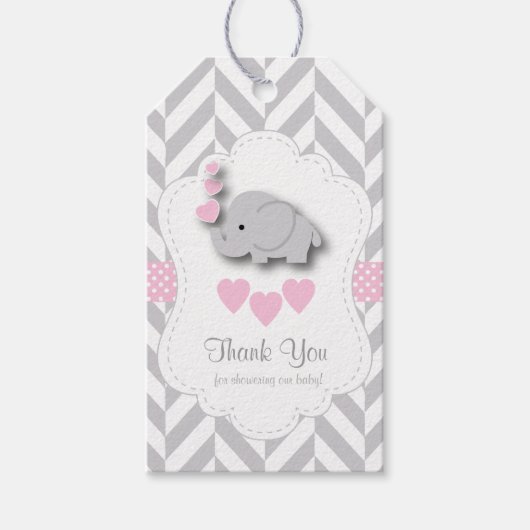 Roze, witte grijze olifant Baby shower Hartelijk d Cadeaulabel (Voorkant)