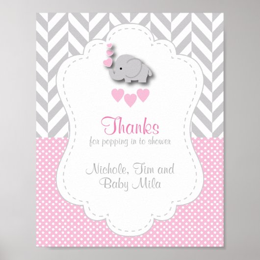 Roze, witte grijze olifant Baby shower Hartelijk d Poster (Voorkant)